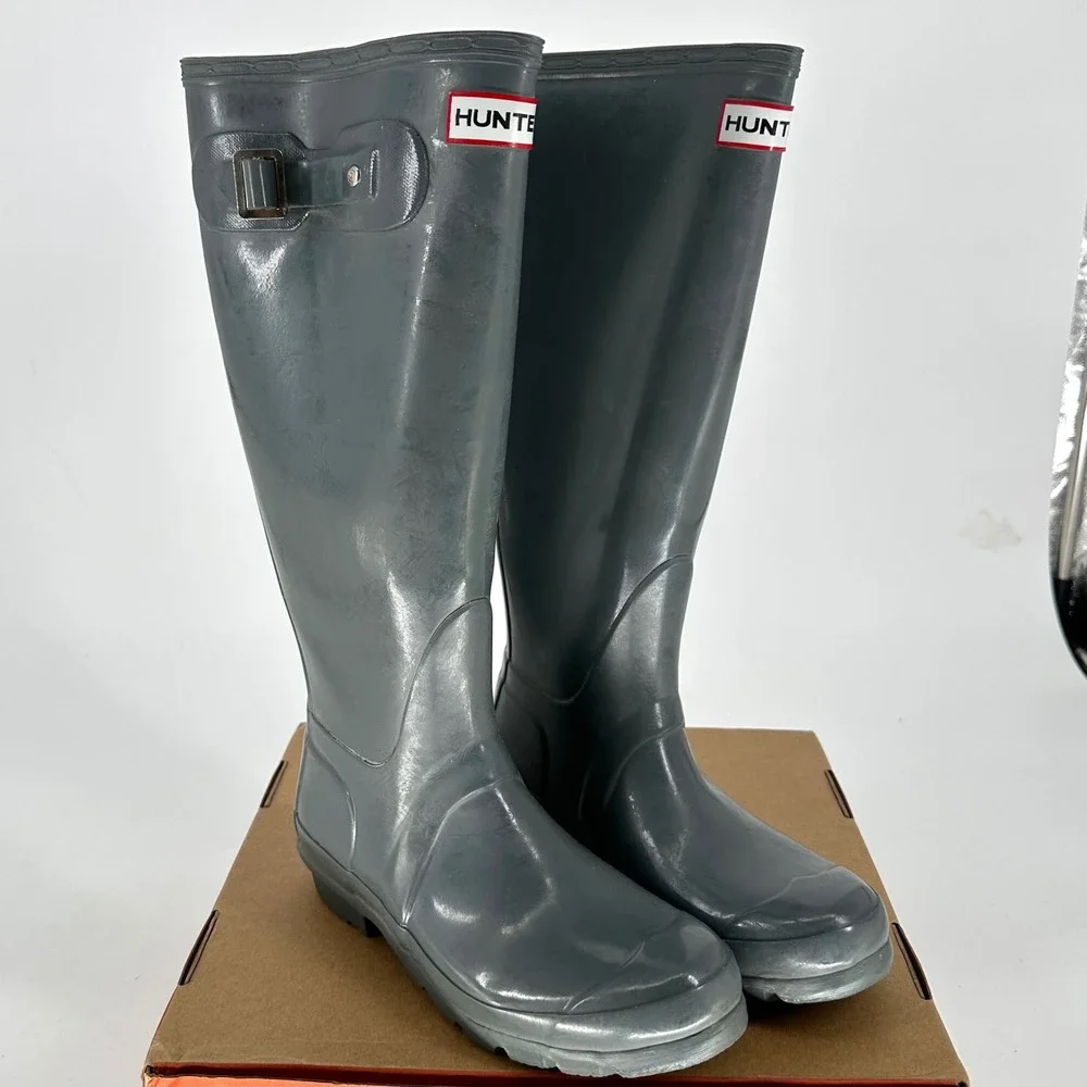 Hunter Tall Glossy Gray Side Buckles‎ Rain Boots Waterproof Women's 37 USA 6